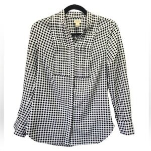 J. Crew Black and White Gingham Popover Blouse XXS Long Sleeve Preppy Classic